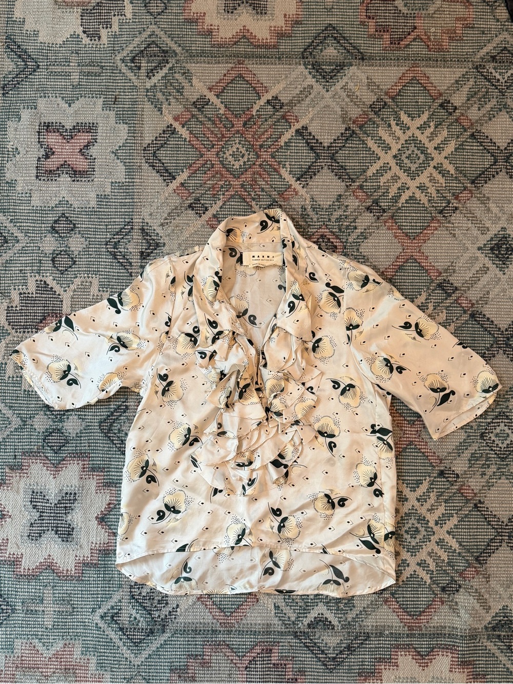 MARNI Cream Floral Ruffle Silk Blouse with Green Accents